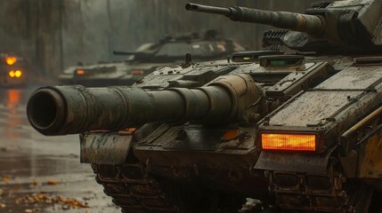 Armored Military Tanks in a Rainy, Muddy Environment with Headlights On for Defense Operation