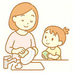 Let's wash together sweethearts a Mother's and daughter's simple kitchen moment