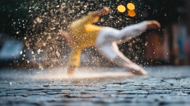 Dancer Leaping Through Rainy Urban Night