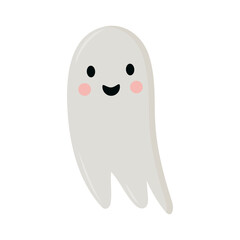 A cute, friendly white ghost character with rosy cheeks, smiling and waving