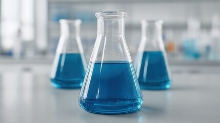 Vibrant Blue Fluid in Scientific Flasks Set Against a Laboratory Background