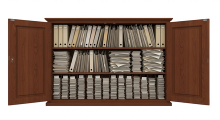Wooden cabinet full of files isolated on a transparent background