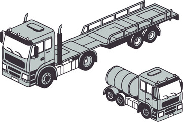 Flatbed semi trailer truck set, isometric vector design with blank trailer, top and side views, isolated on grey. © Rahim