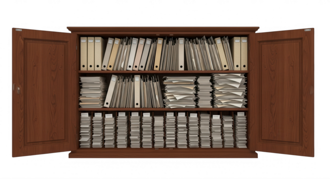 Wooden cabinet full of files isolated on a transparent background