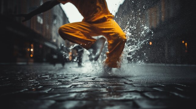 Low Angle Jump Through Rainy Street Puddle