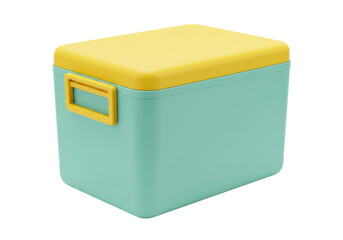 Isolated light blue storage box with a yellow lid for storing items in a convenient way