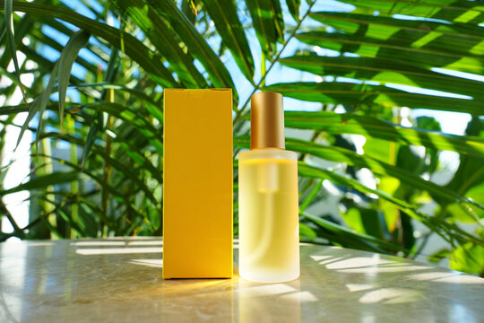 Elegant Perfume Bottle and Yellow Box with Natural Greenery Background for Aromatherapy Products and Beauty Essentials