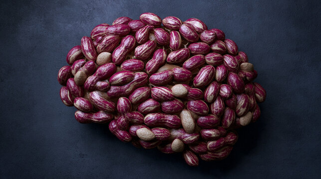 A brain shape made of peanuts with red striped shells on a dark background