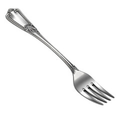 Silver ornate fork with four tines on black background