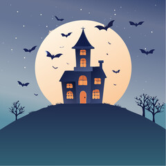 Fototapeta premium A spooky haunted house on a hill silhouetted against a large full moon with bats flying in the starry night sky.