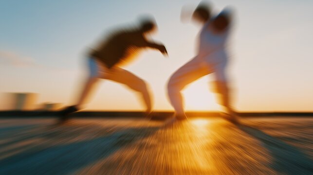 Sunset Martial Arts Sparring Motion Blur Scene