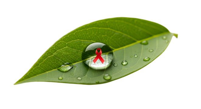 Red ribbon reflected in a water droplet on a green leaf, symbolizing hope and environmental awareness for HIV/AIDS, on a transparent background
