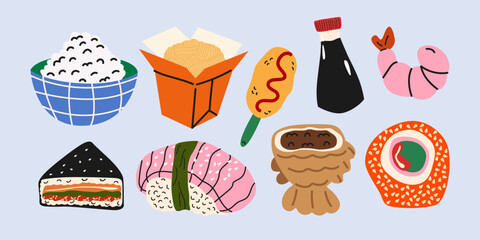 Asian street food cartoon stickers set in retro groovy style. Asian cuisine, traditional dishes, rice, noodles, sushi, seafood. Vector food illustrations