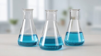 Clear glass flasks containing vibrant blue chemical solutions arranged neatly on a white table in a bright and modern laboratory setting