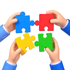 Cartoon hands assemble colorful puzzle pieces together