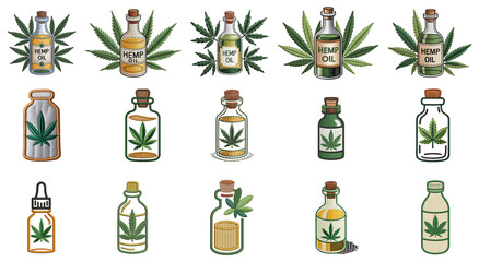 Fototapeta premium Hemp oil bottles collection artistic vector illustrations on on a transparent background