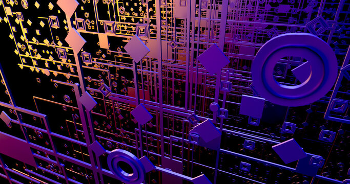 A colorful image of squares and circles forming futuristic structures similar to circuits arranged in parallel