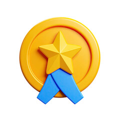Shiny gold medal with yellow star, blue ribbon, dark background