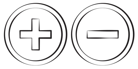 Plus and minus circular element icon symbols for basic math and simple graphic design elements illustration. Plus and minus sign addition subtraction math icon.