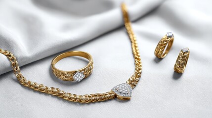 Beautiful photo of gold jewelry set with diamonds displayed on soft white background forming an elegant luxury composition.
