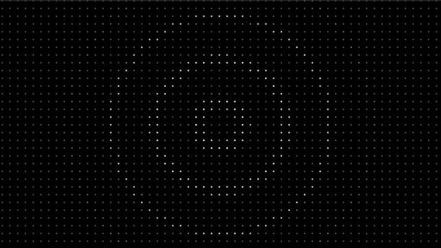 Digital White Dot Grid Animation on Black Background with Pulsing Concentric Circles Expanding from Center Creating Continuous Geometric Motion with Soft Fading Glow Futuristic Seamless Hypnotic Loop