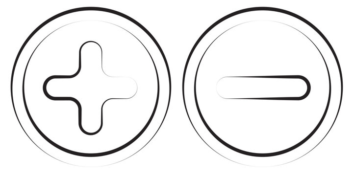 Plus and minus circular element icon symbols for basic math and simple graphic design elements illustration. Plus and minus sign addition subtraction math icon.