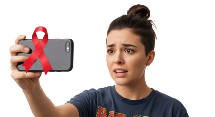 Worried woman taking a selfie with a red ribbon on her phone, isolated on a transparent background