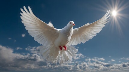 Obraz premium Hopeful, realistic photograph of a pure white dove soaring through a brilliant, clear blue sky with its wings spread wide among soft, fluffy clouds.
