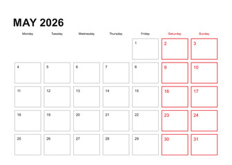 Wall planner for May 2026 in English language, week starts in Monday.