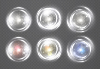 Glowing light effects with bright flash of white light and lens flare. Set of light effects, shimmers, sparkles, and sun glare.