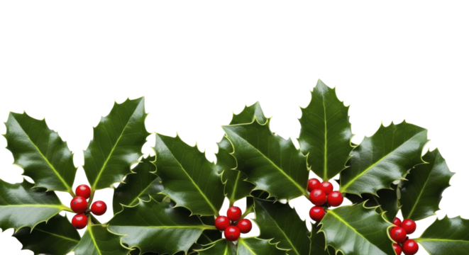 Lush green holly leaves and glossy red berries arranged at the bottom on a transparent background PNG image PNG file