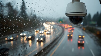 Security camera monitors highway traffic in rainy conditions, offering peace of mind for safe travel and efficient traffic management
