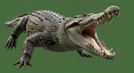 Naklejka premium A powerful saltwater crocodile with its mouth wide open showing sharp teeth isolated on a green background.