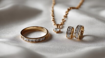 Beautiful photo of gold jewelry set with diamonds displayed on soft white background forming an elegant luxury composition.