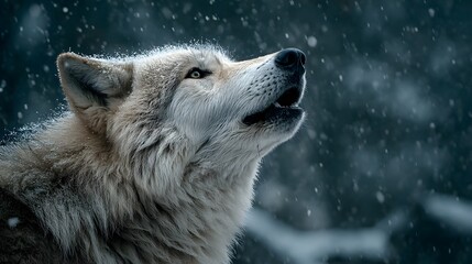 Naklejka premium Majestic, atmospheric wildlife photograph of a beautiful white wolf howling in a gentle snowfall, its breath visible in the cold air under a full moon.