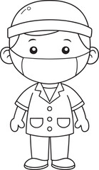 Cute cartoon medical professional wearing a mask and scrub top simple line art