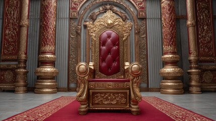 Opulent Golden Throne Surrounded by Ornate Decorations and a Rich Red Carpet in Luxurious Setting Ideal for Regal Themes