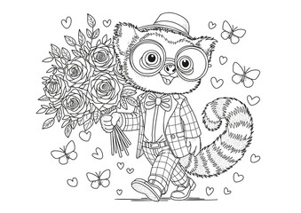 Fototapeta premium A lemur wearing glasses, a suit, and a hat walks along holding a large bouquet of roses. This coloring page is for children and adults. Black and white illustration for coloring.
