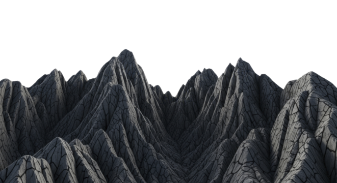  Jagged dark gray rock formations with intricate cracked texture on a transparent background PNG image