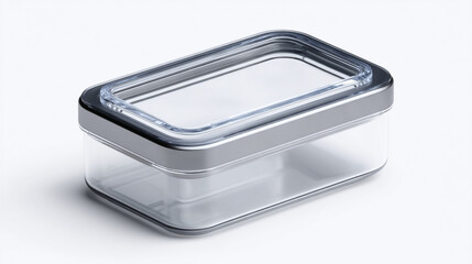A clear rectangular container with a silver rim on a white background close up