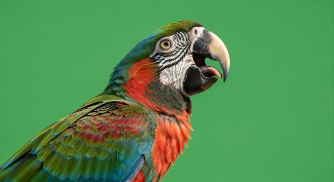 Close up of a colorful macaw parrot with its beak open on a green background.