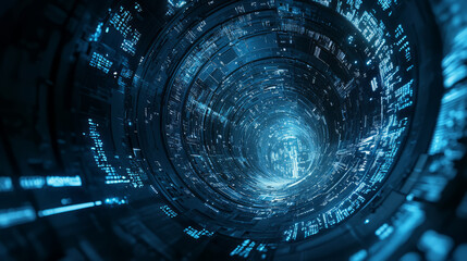 digital matrix code forming the surface of the pipeline, highlighting the luminous blue numbers.