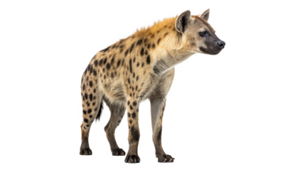 Hyena stands alert in the wild, displaying unique markings and curious posture in natural habitat during daylight hours