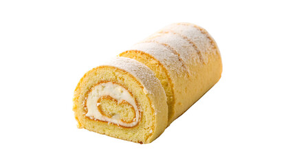 Sponge cake roll with cream filling displayed on a white background during a dessert presentation