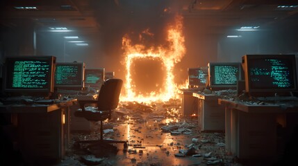 Powerful, dramatic photograph of a modern office in chaos, with computers and desks engulfed in flames, lines of glowing green code still visible.