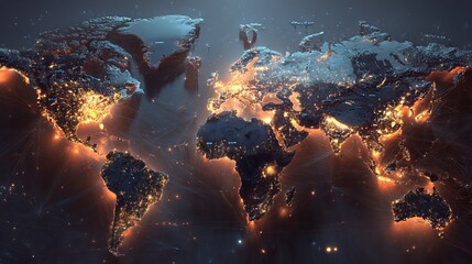 Stunning world map with glowing city lights showing global connections and vibrant urbanization, perfect for technology or business themes