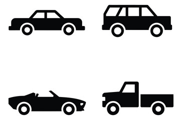 Explore sleek car icons perfect for transportation apps, automotive websites, or modern design projects needing vehicle illustrations, featuring sedan, SUV, sports car, and truck silhouettes