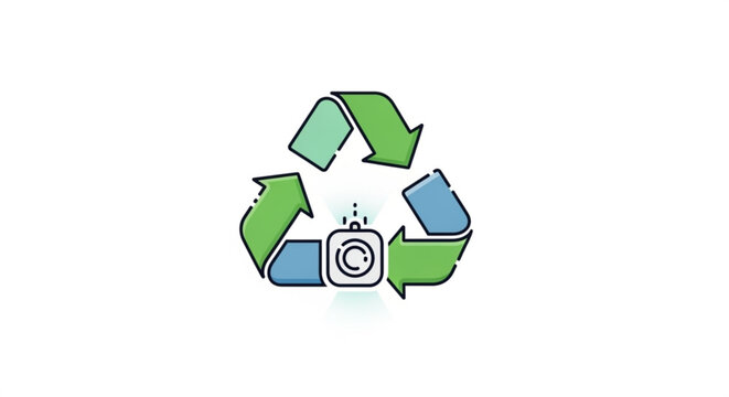 Recycle symbol with camera lens, representing sustainable photography, ecofriendly media, and responsible image creation for environmental awareness