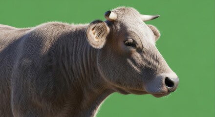 Fototapeta premium Closeup of a brown cow with small horns against a vibrant green background.