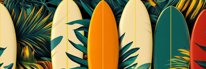 Tropical surfboard patterns with palm leaves and retro